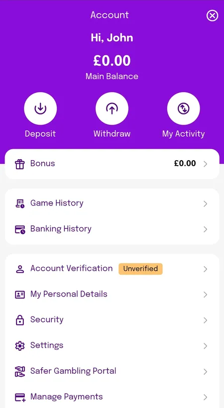 Smooth Spins account menu showing balance and options