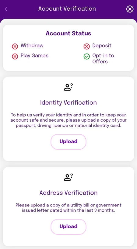 Account verification status cards
