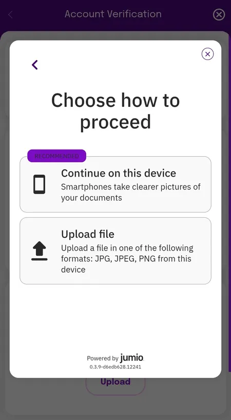 Jumio KYC document upload screen